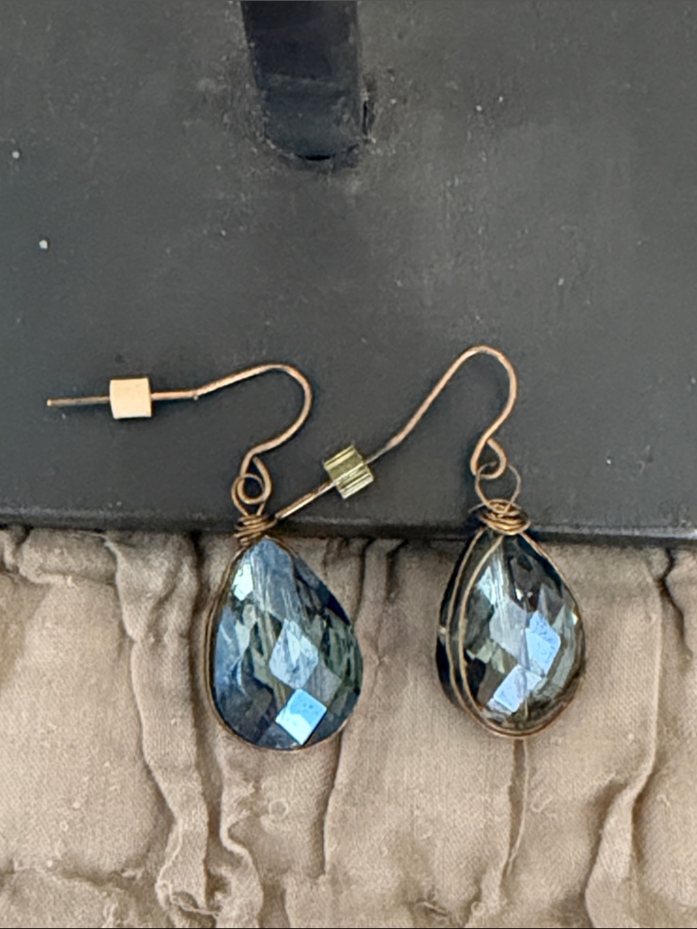 Gold Wire wrapped Teardrop Blue Crystal Earrings pierced